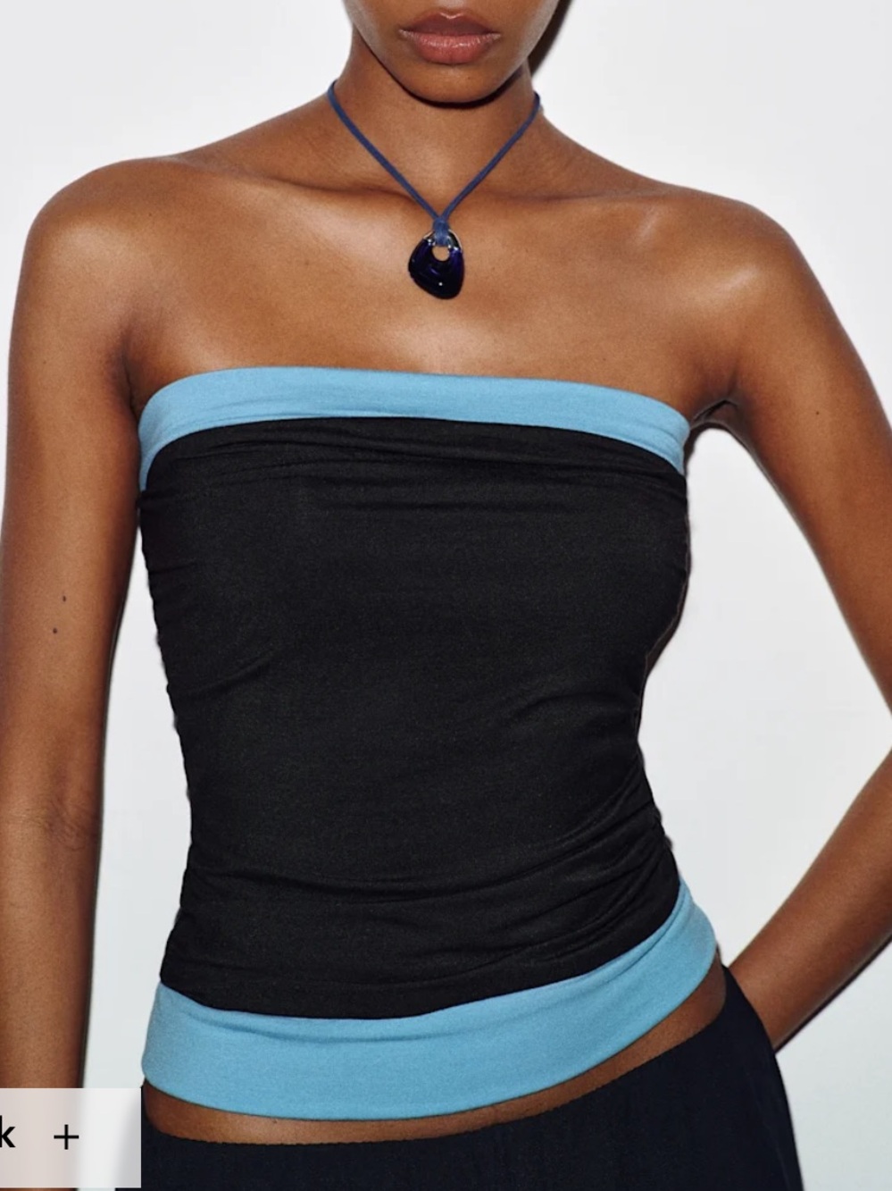 Reformation Black Strapless Tube Top with Light Blue Trim
